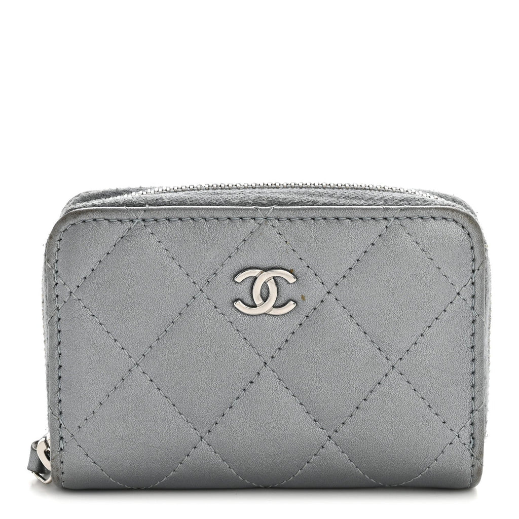 Metallic Lambskin Quilted Zip Around Coin Purse Wallet Silver
