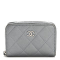 Metallic Lambskin Quilted Zip Around Coin Purse Wallet Silver