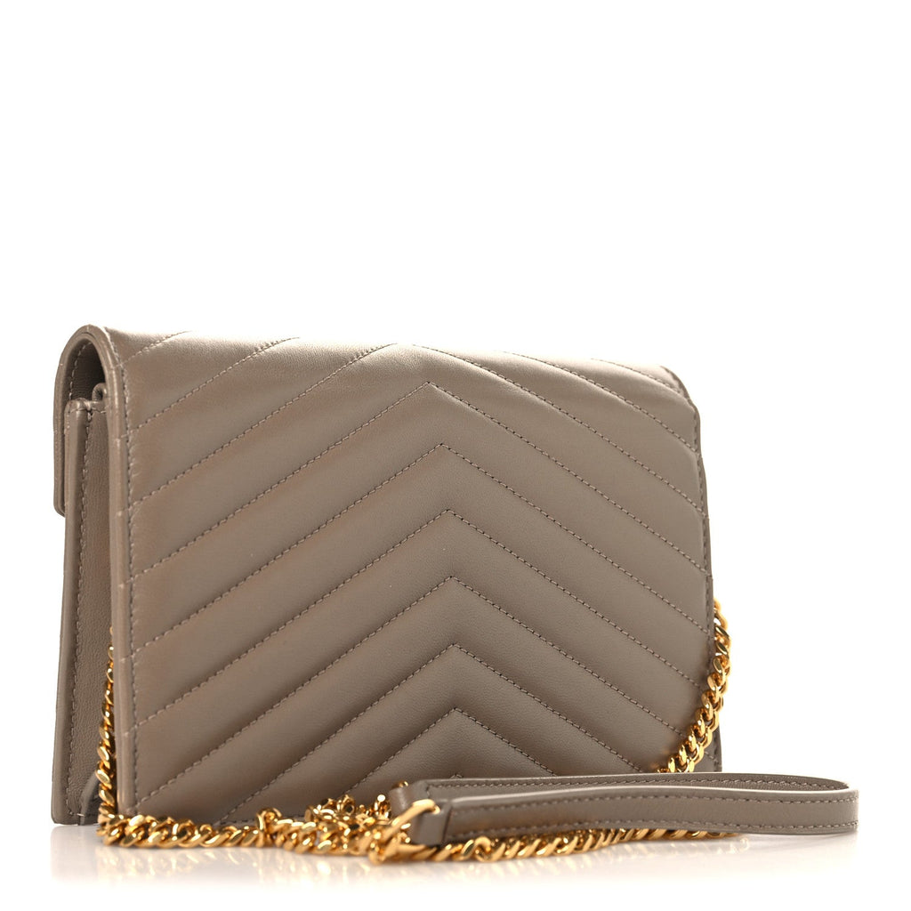 Lambskin Matelasse Chevron Monogram Envelope Chain Wallet Dusty Grey