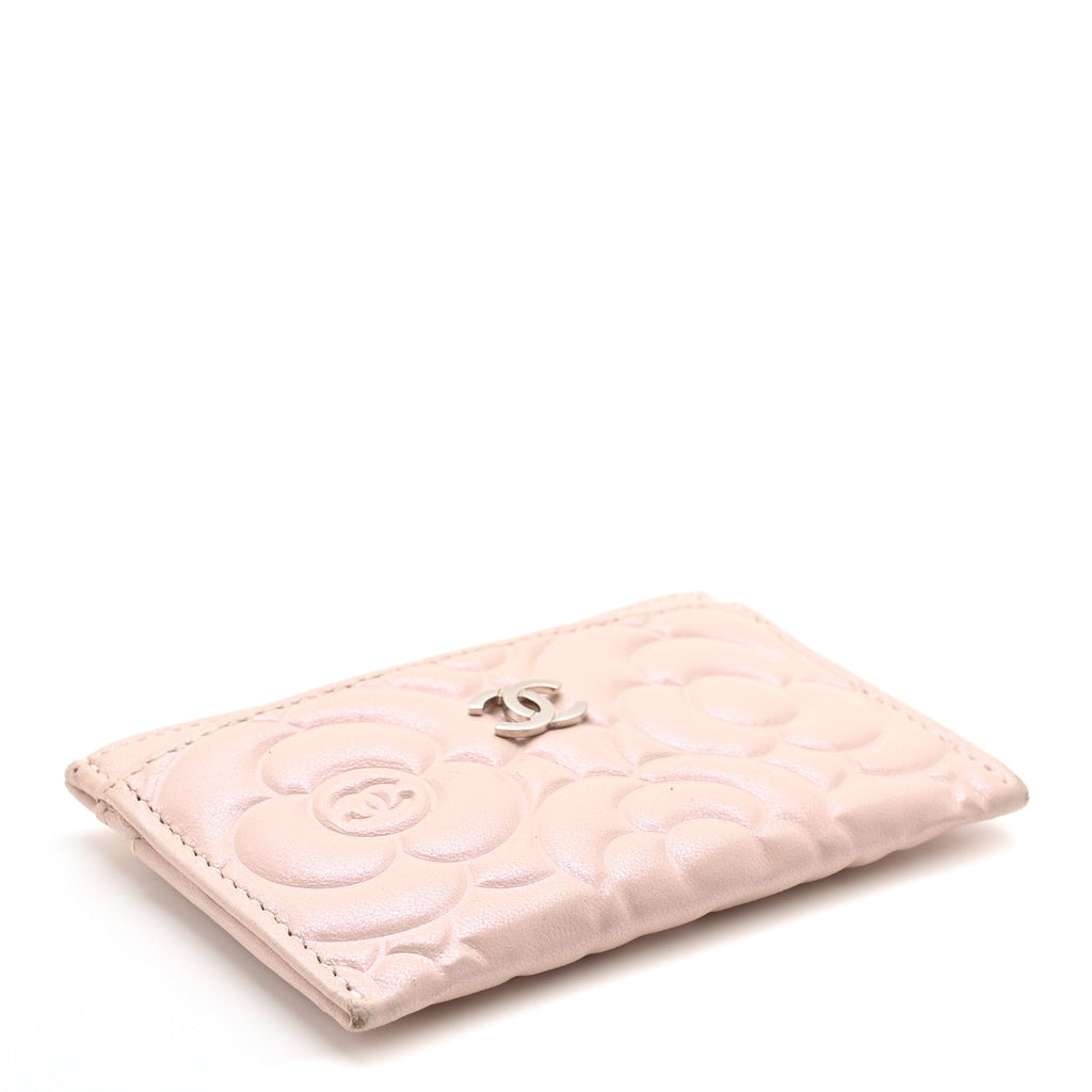 Iridescent Lambskin Camellia Embossed  Holder Light Pink
