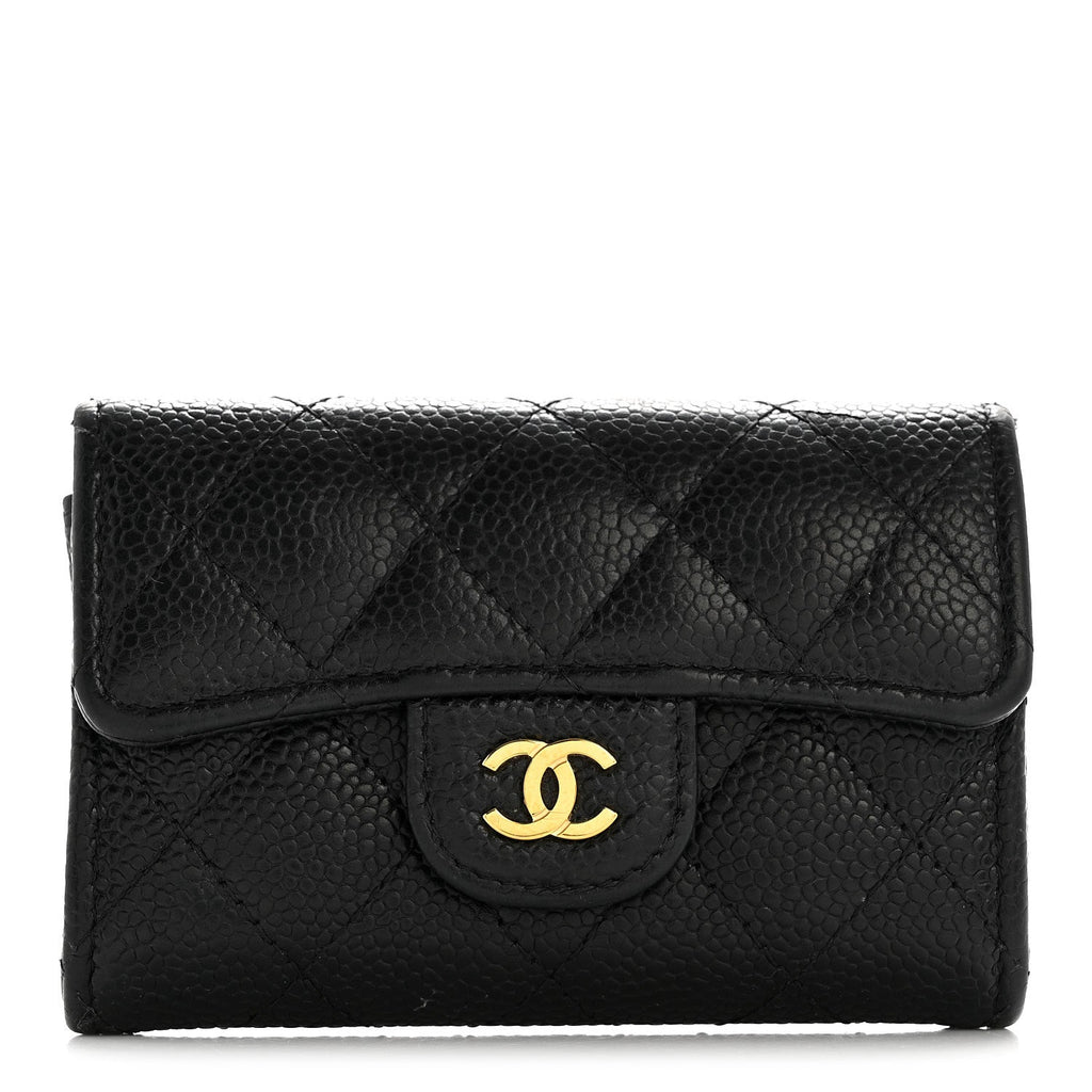 Caviar Quilted Flap  Holder Wallet Black