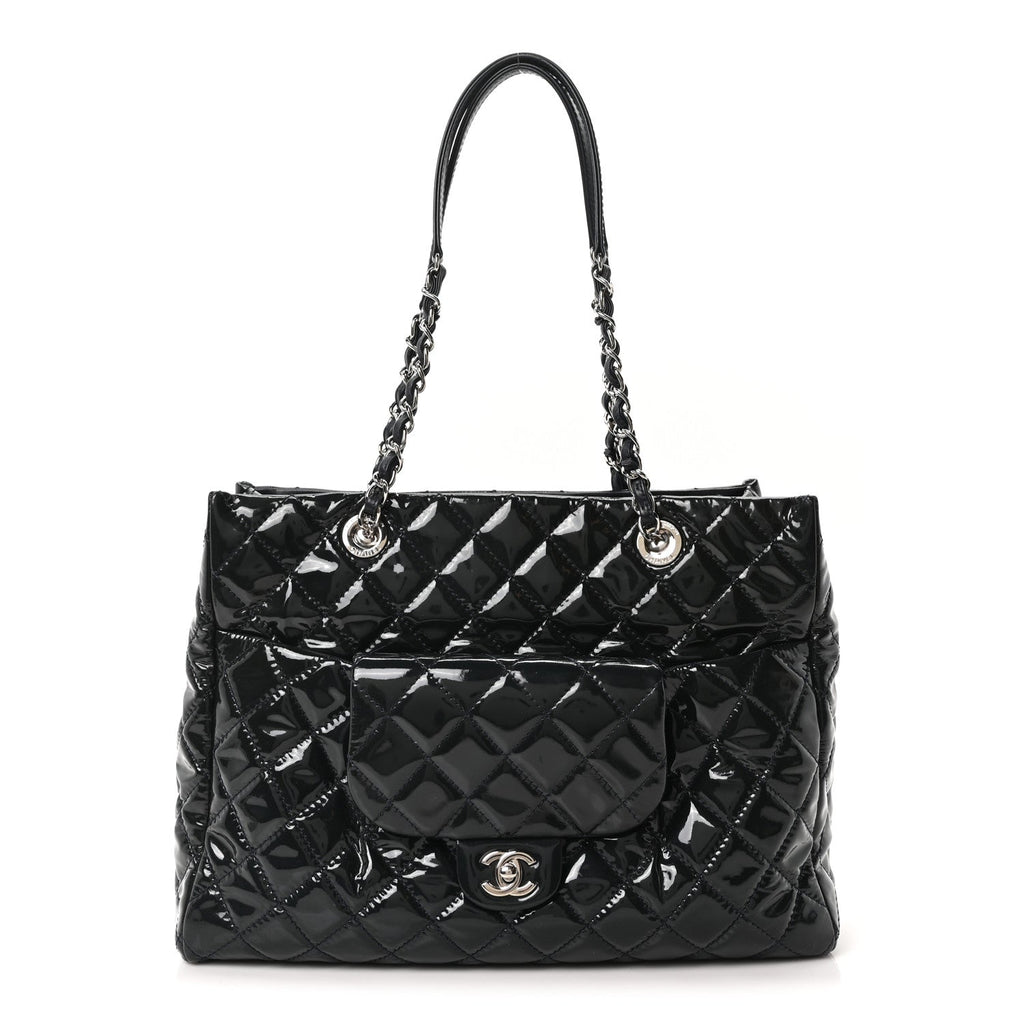 Patent Quilted Large Coco Shine Shopping Tote Navy