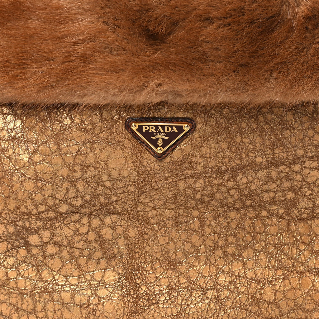 Metallic Suede Mink Shearling Crocodile Embossed Tote Gold