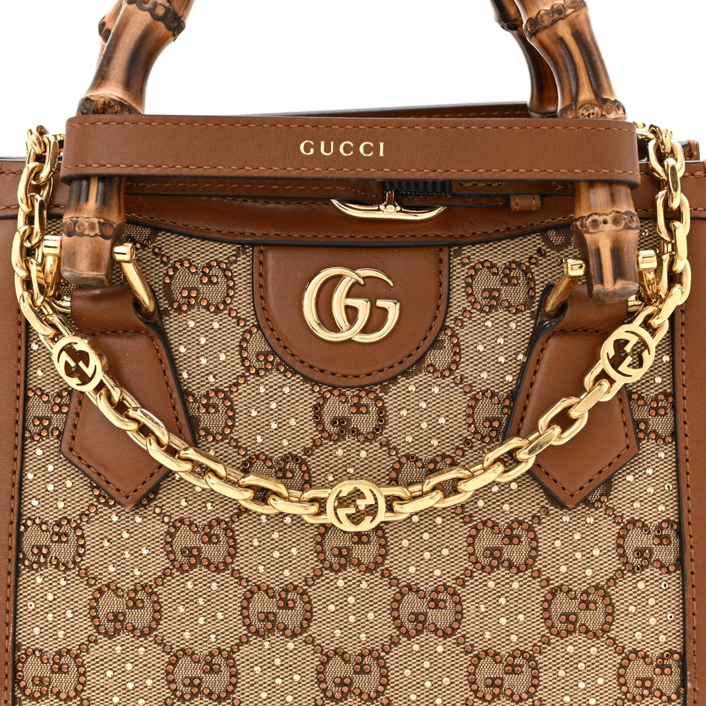 New Canvas Charisma Calfskin Crystal GG Monogram Mini Diana Tote Bag Camel Ebony