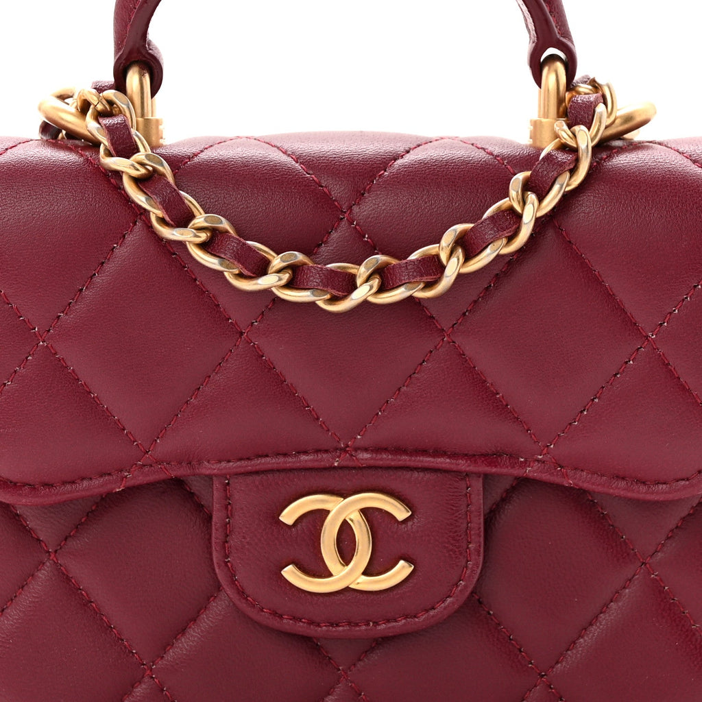 Lambskin Quilted Top Handle Flap Coin Purse With Chain Burgundy