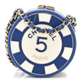 Lambskin Enamel Quilted Round Poker Chip Clutch With Chain Blue White