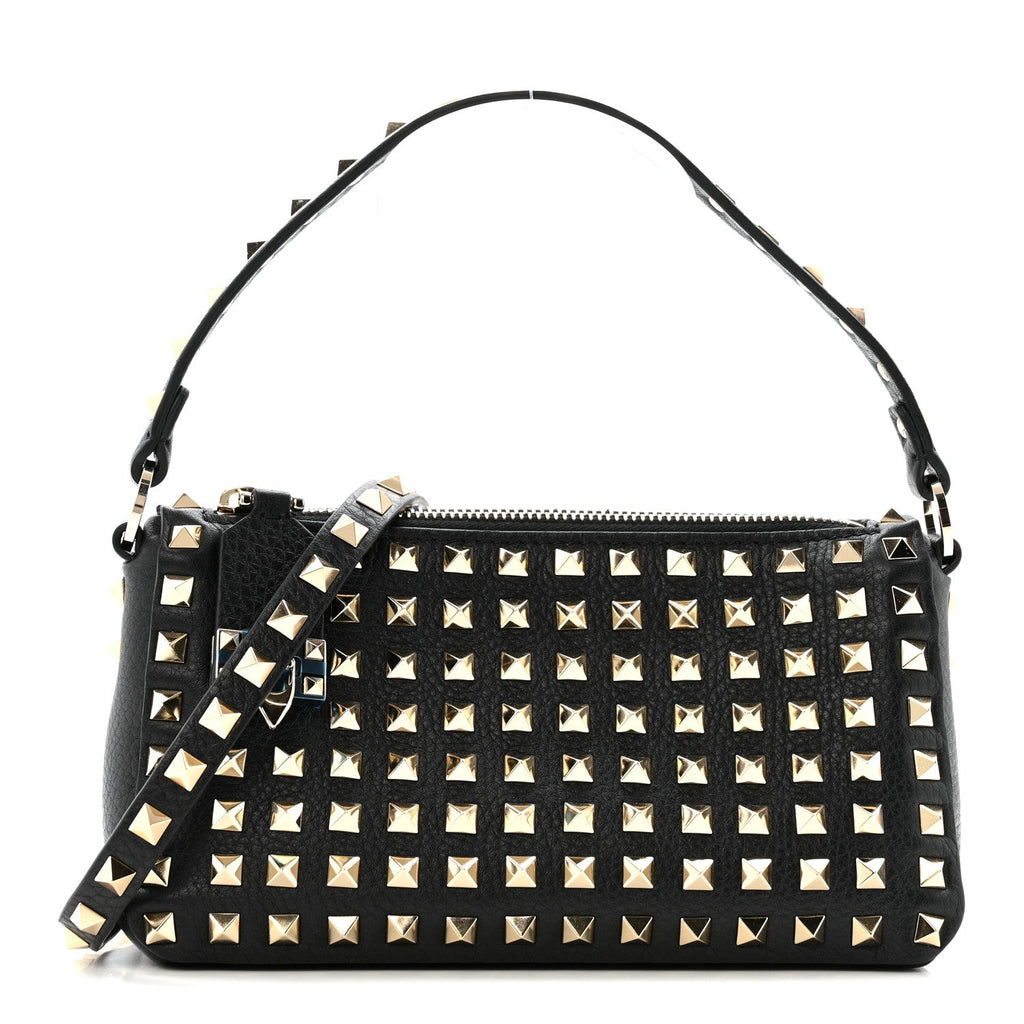 Grained Calfskin Small Rockstud All Over Crossbody Bag Black