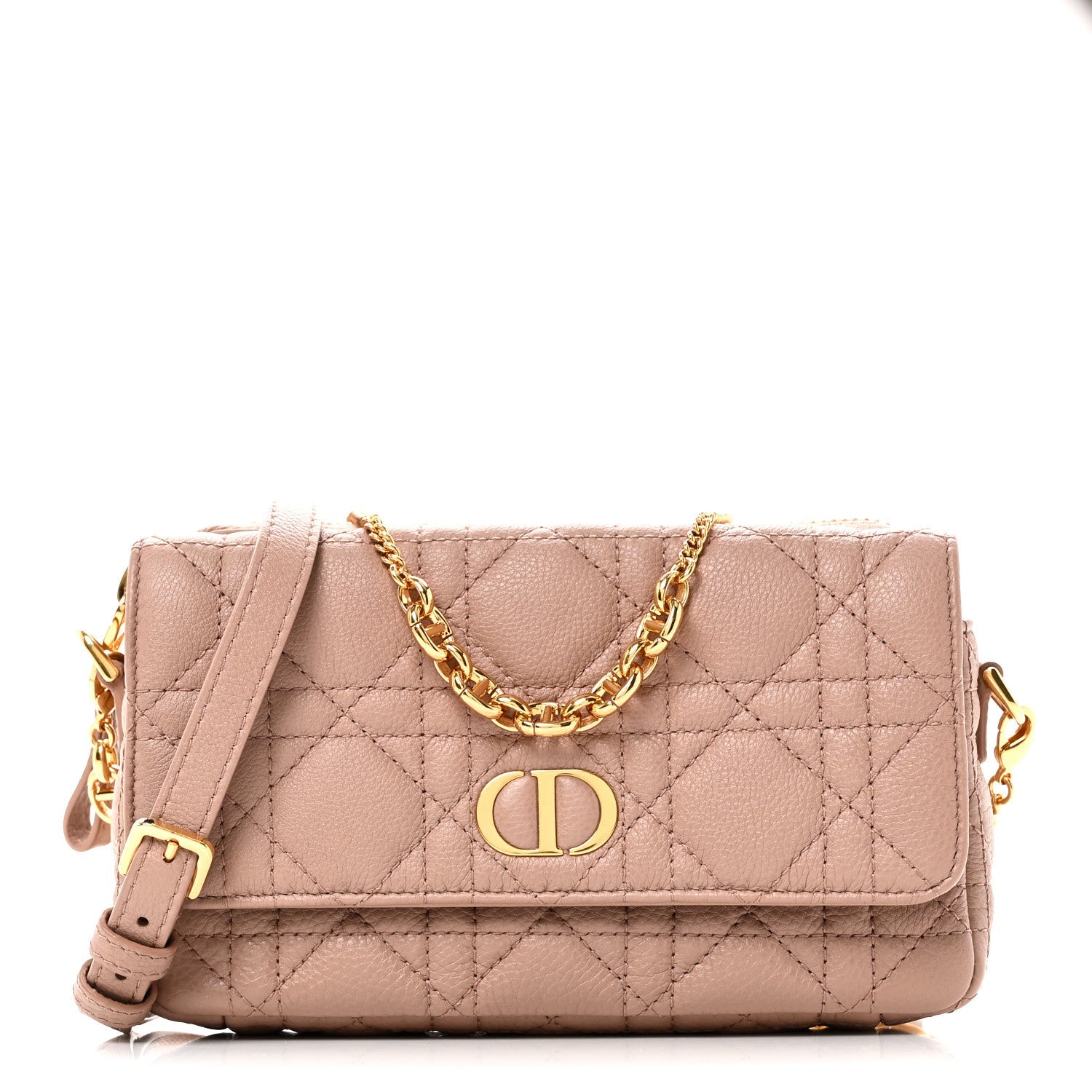 Supple Calfskin Cannage Caro Pouch with Chain Rose Des Vents