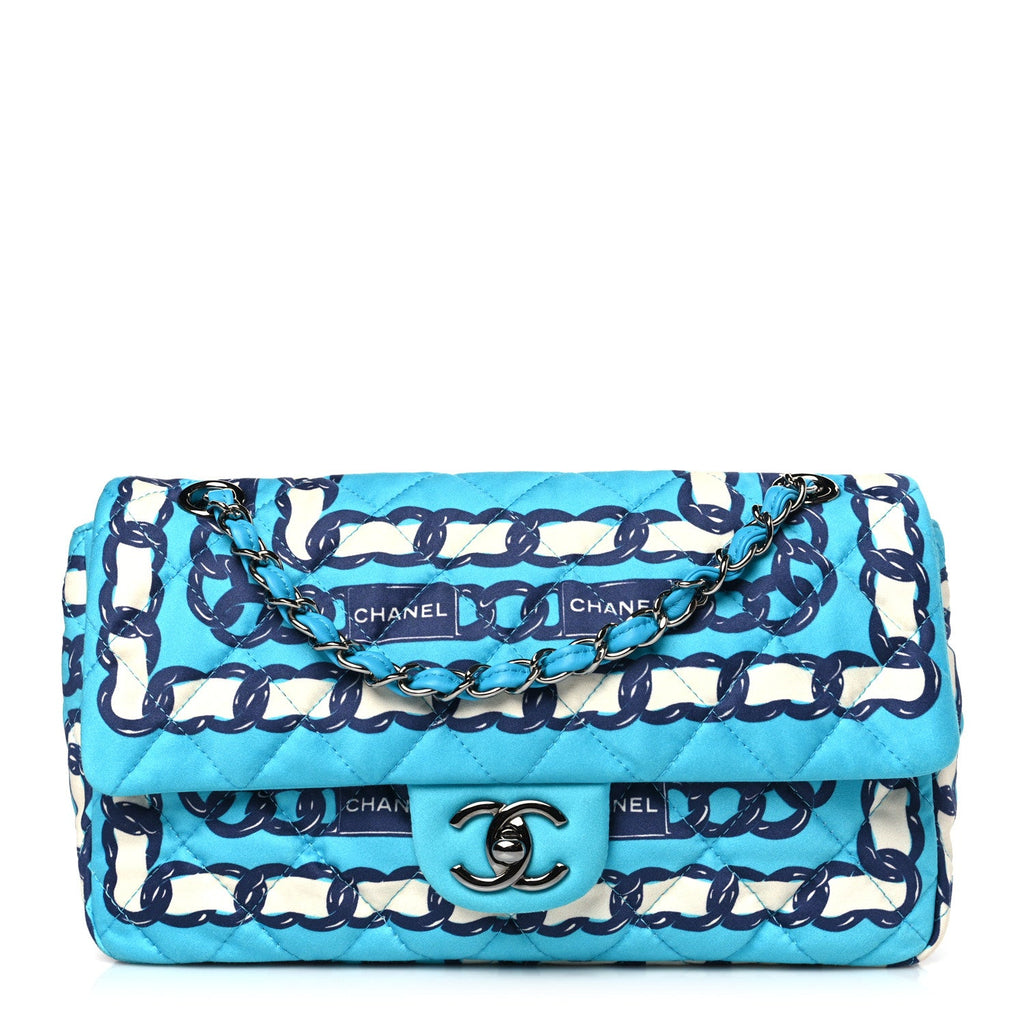 Silk Chain Printed Medium Single Flap Blue