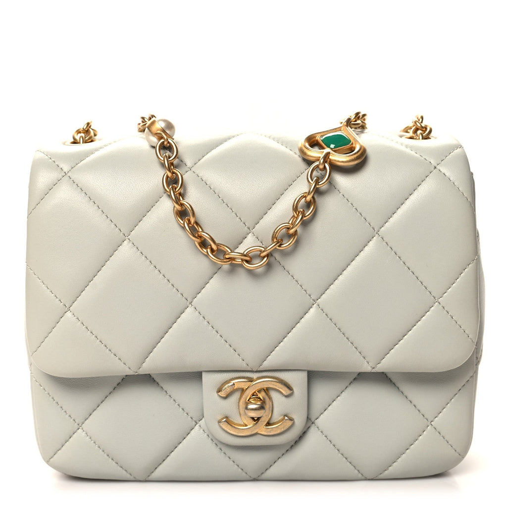 Lambskin Enamel Pearl Quilted Mini Charm Me Square Flap Light Blue