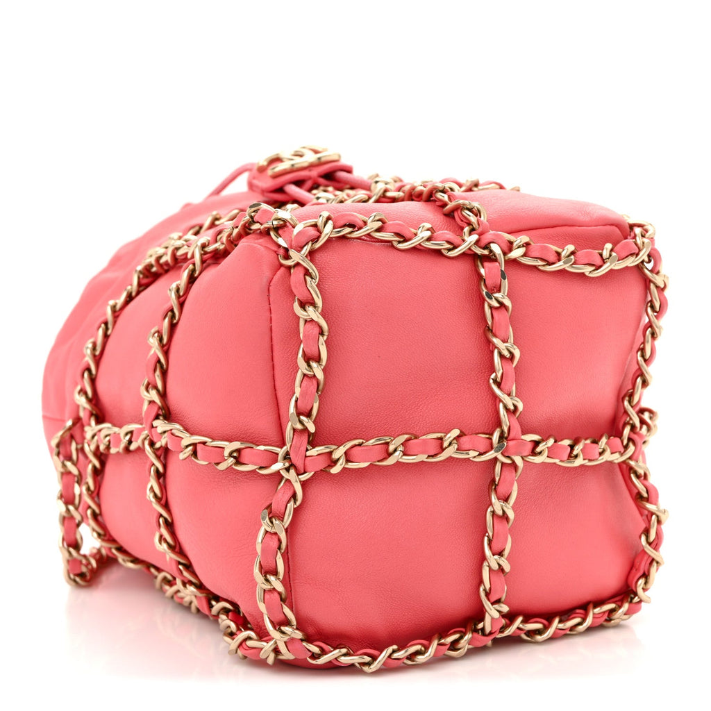 Lambskin Bucket Chain Drawstring Bag Pink