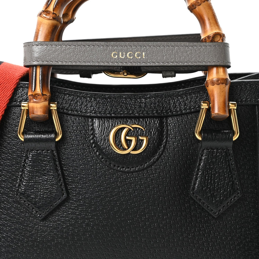 Textured Dollar Calfskin Web Small Diana Tote Bag Black Dusty Grey