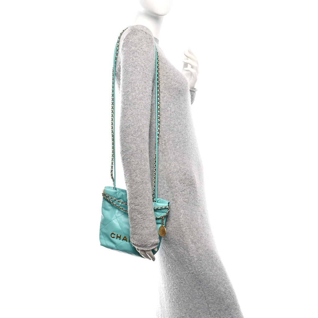 Shiny Calfskin Quilted Mini Chanel 22 Turquoise