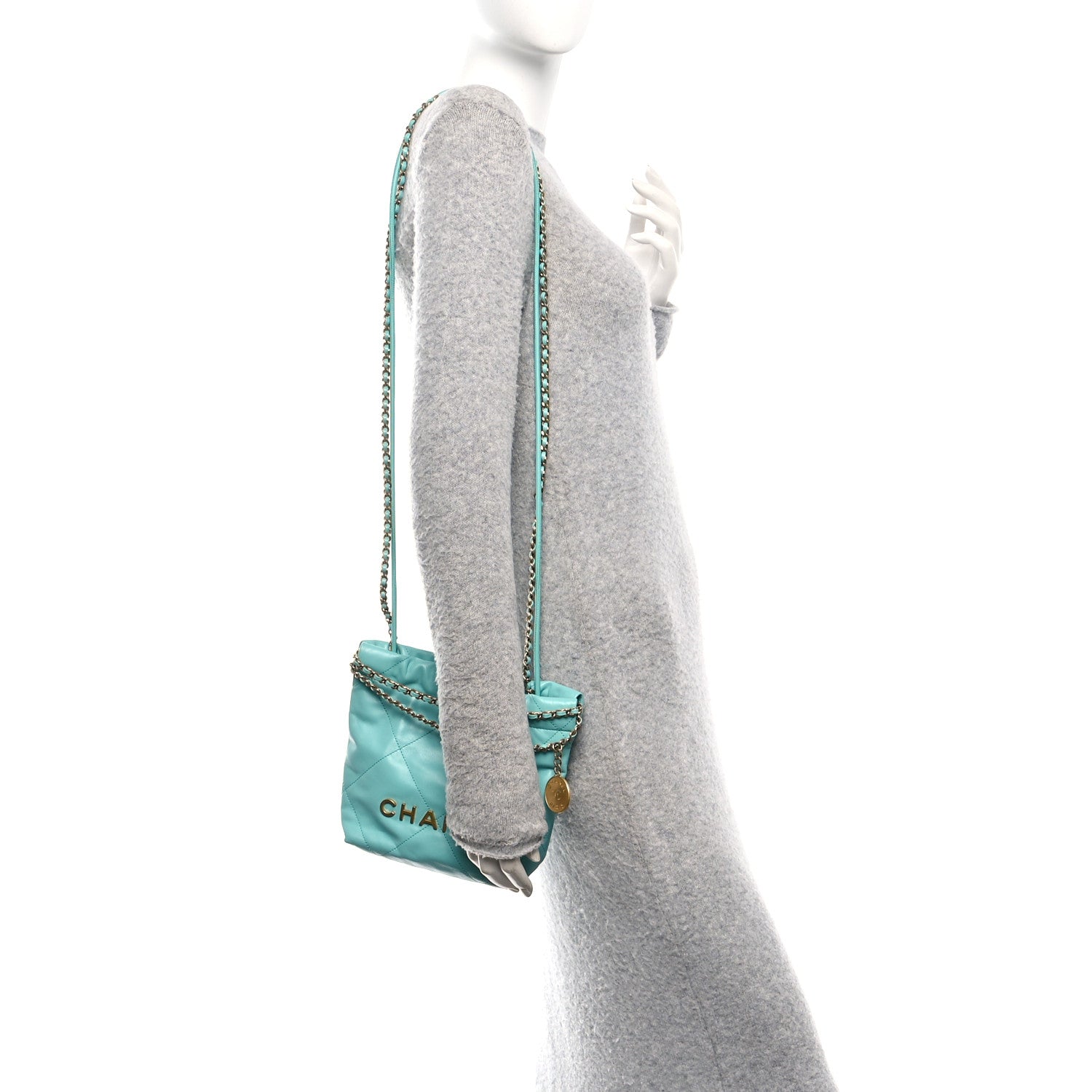 Shiny Calfskin Quilted Mini Chanel 22 Turquoise