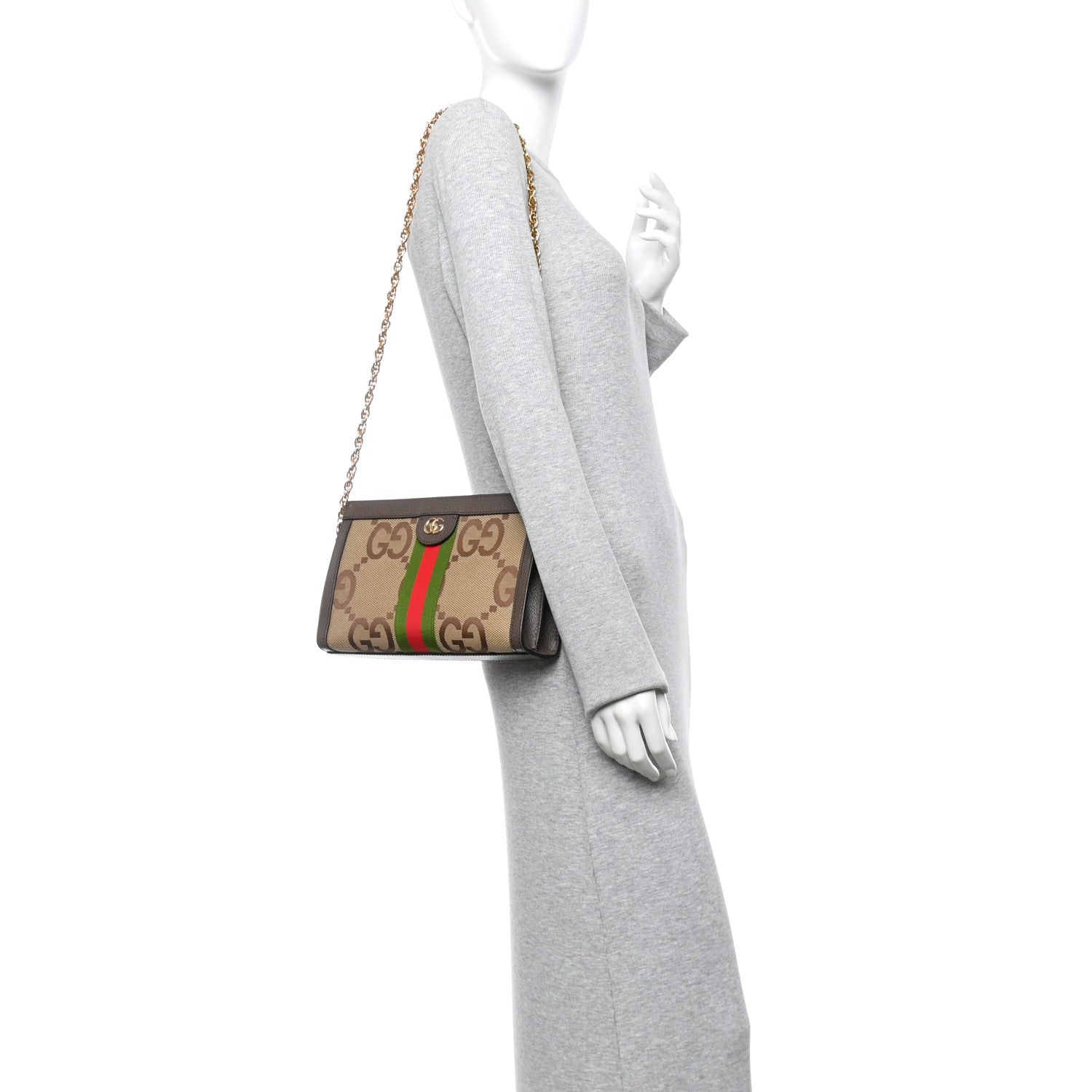 Monogram Jumbo GG Textured Dollar Calfskin Web Small Ophidia Chain Shoulder Bag Camel Ebony New Acero