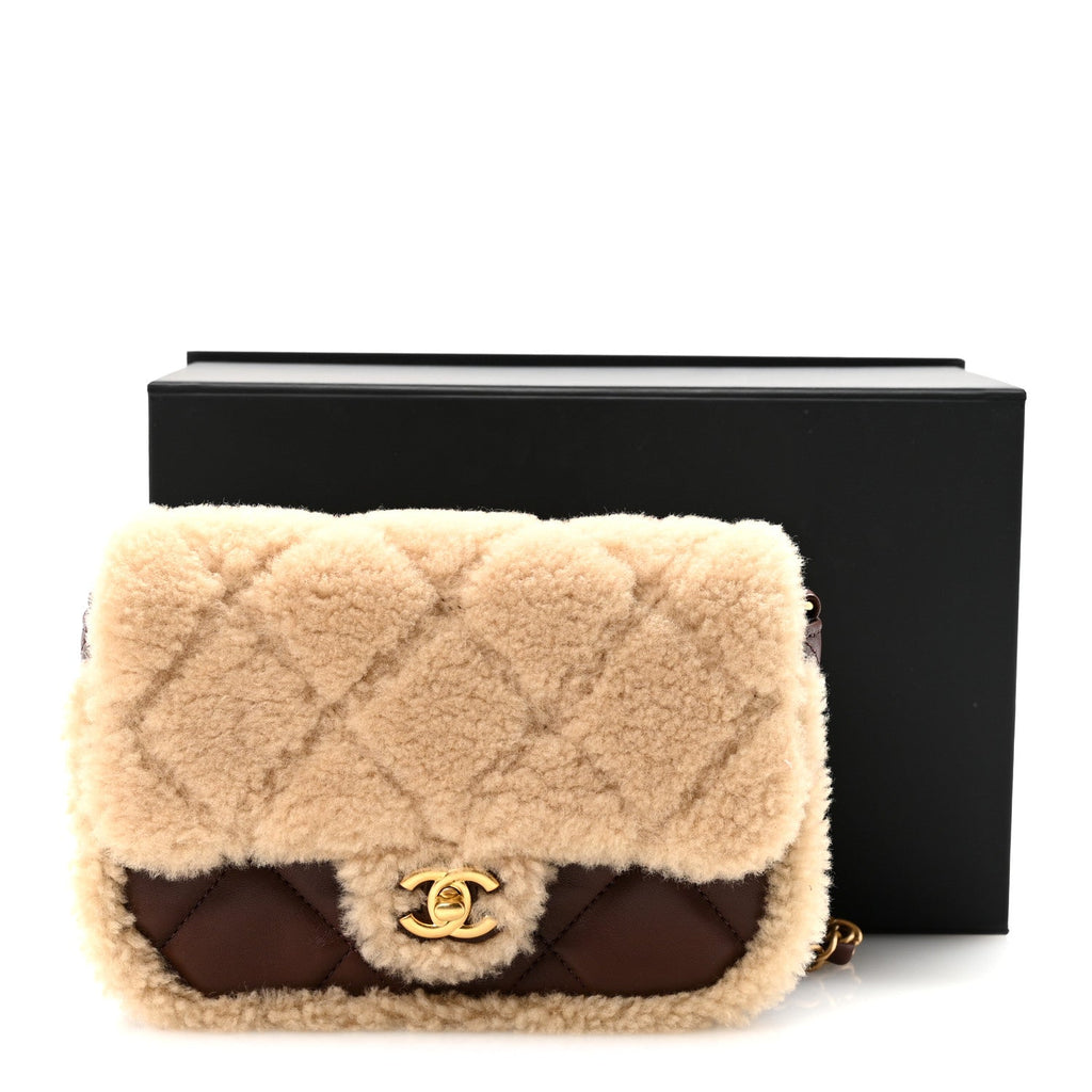 Shearling Lambskin Quilted Mini Furry Coco Flap Beige Dark Brown