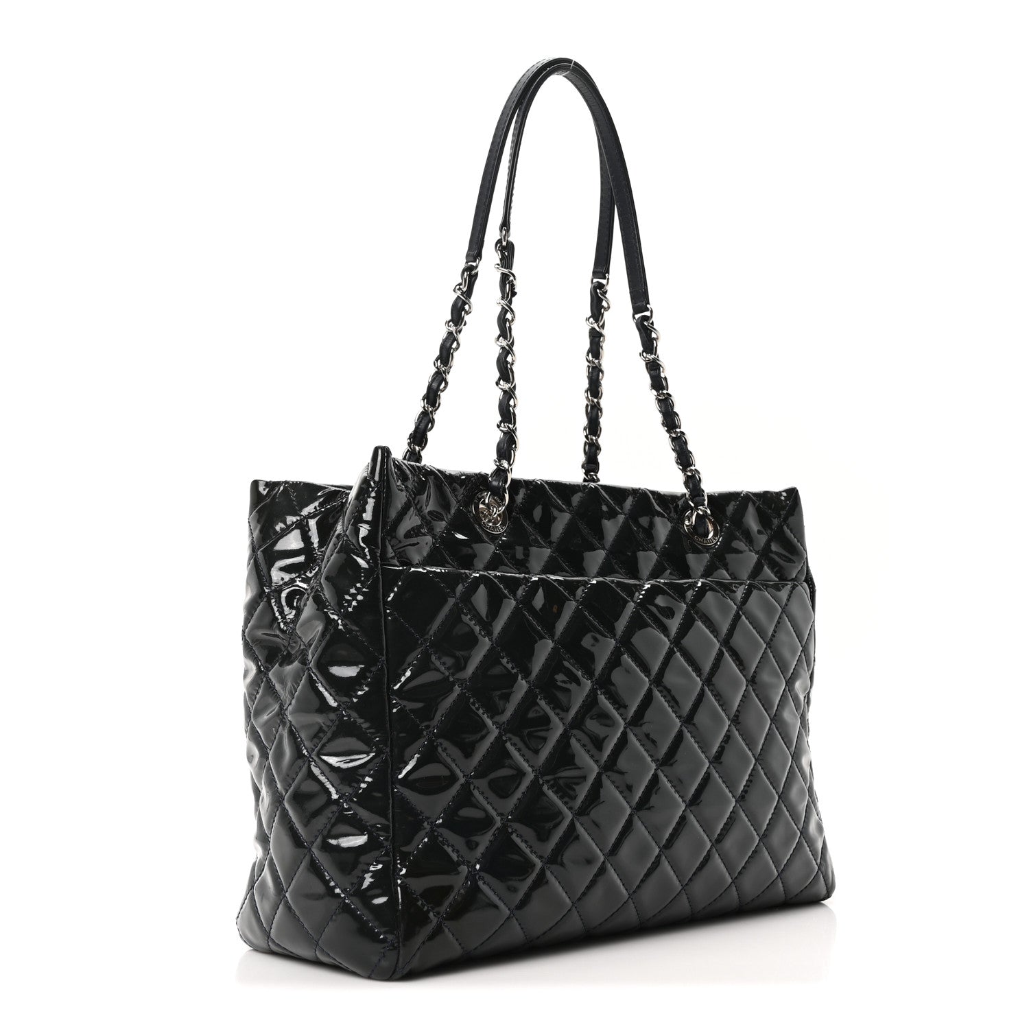 Patent Quilted Large Coco Shine Shopping Tote Navy