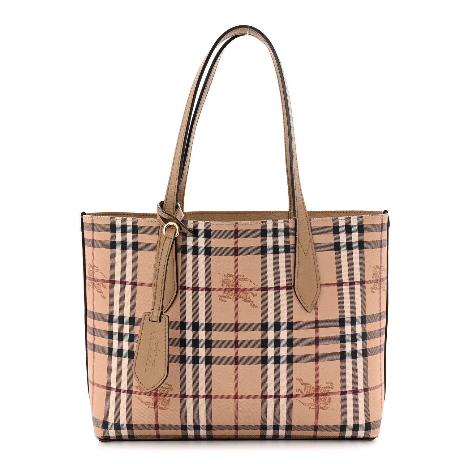 Grainy Calfskin Haymarket Check Small Reversible Tote Mid Camel