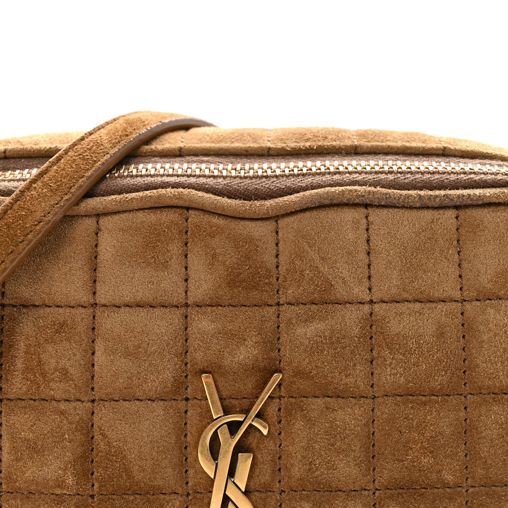 Suede Calfskin Mini Quilted Monogram Camera Bag Golden Leaf