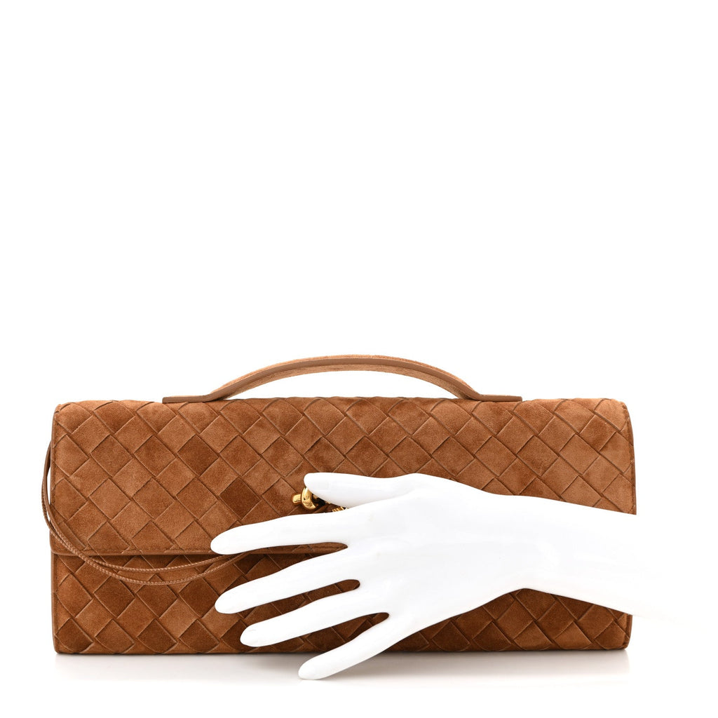 Suede Intrecciato Long Andiamo Top Handle Clutch Amber