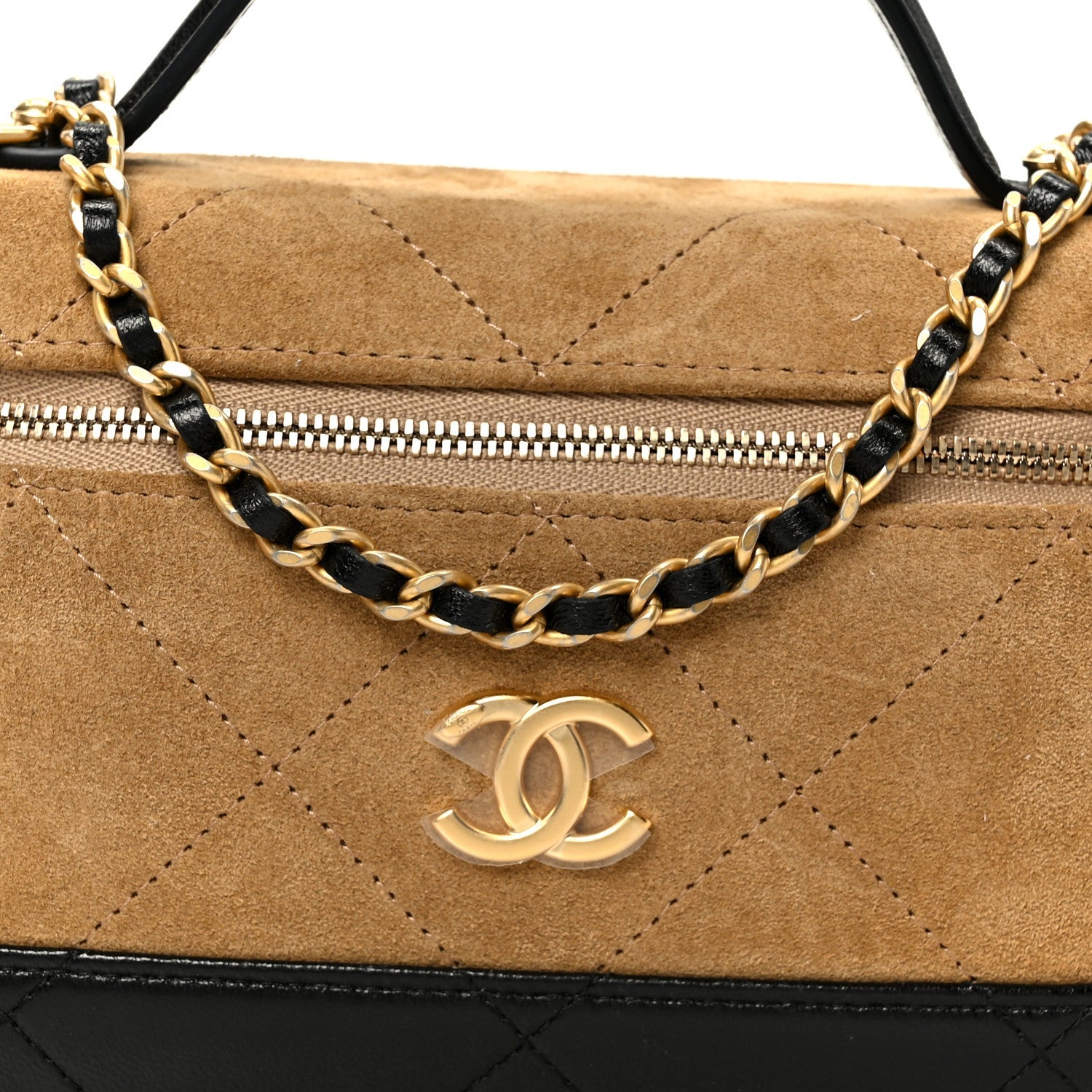 Suede Calfskin Shiny Lambskin Stitched Top Handle Slim Vanity Case With Chain Beige Black