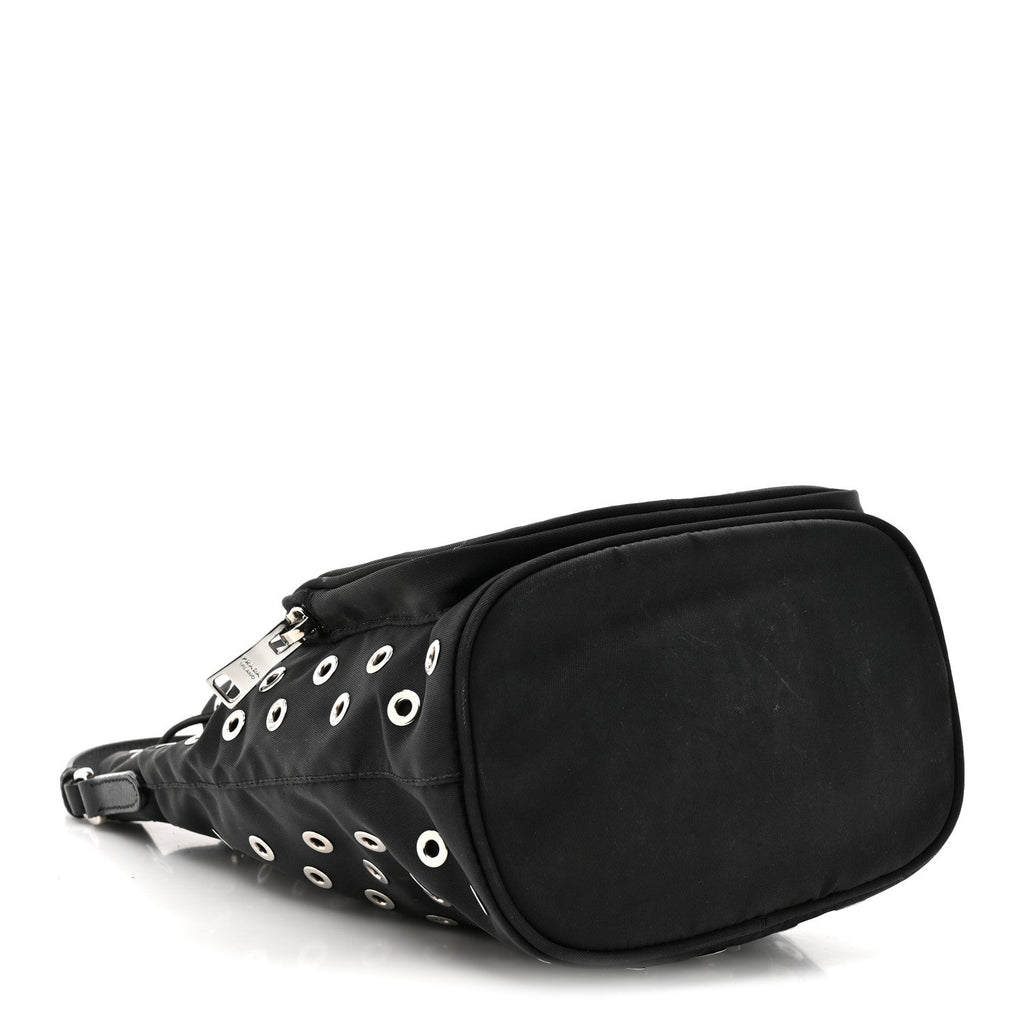 Tessuto Nylon Saffiano Grommets Mini Bucket Crossbody Bag Black