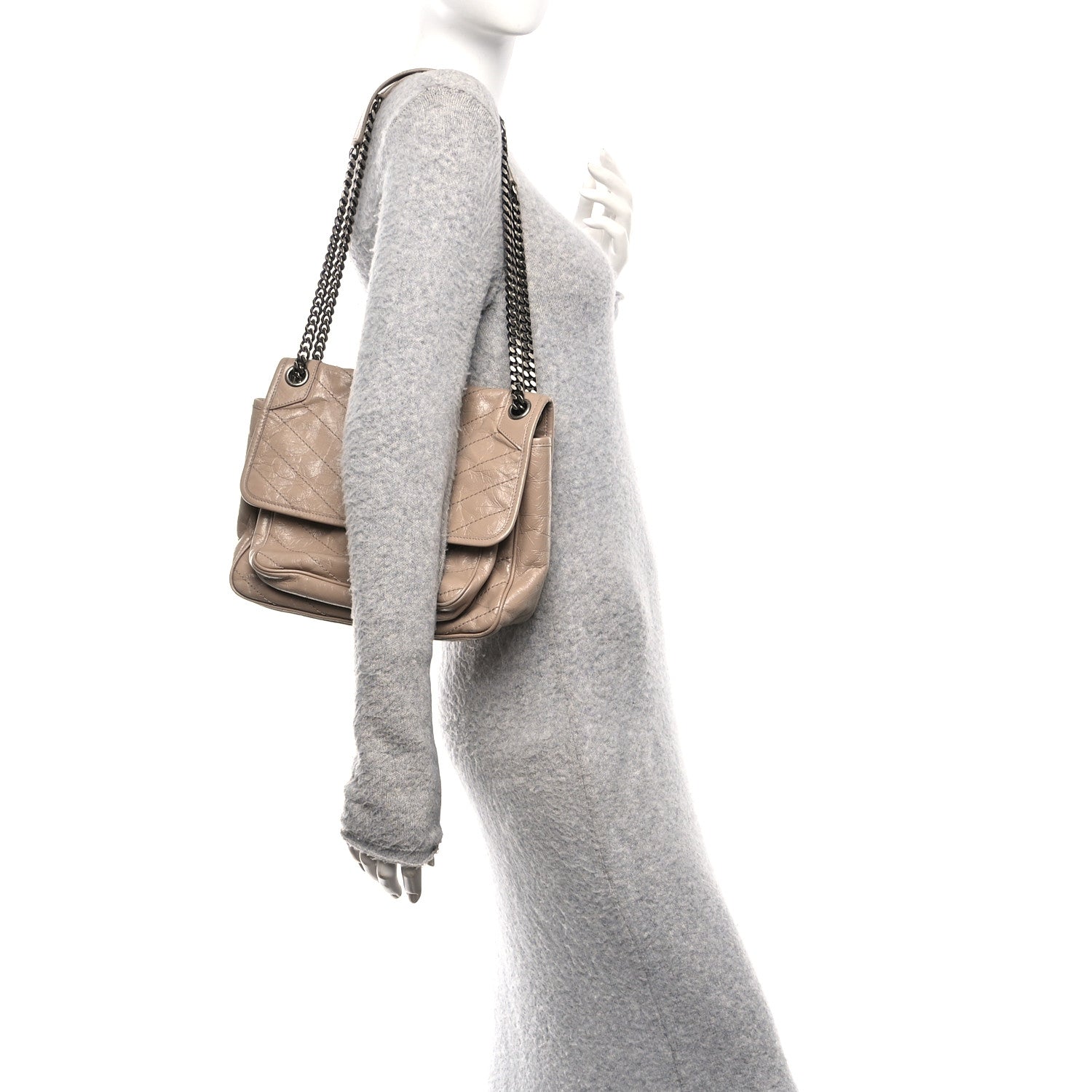 Crinkled Calfskin Matelasse Monogram Medium Niki Chain Satchel Light Taupe