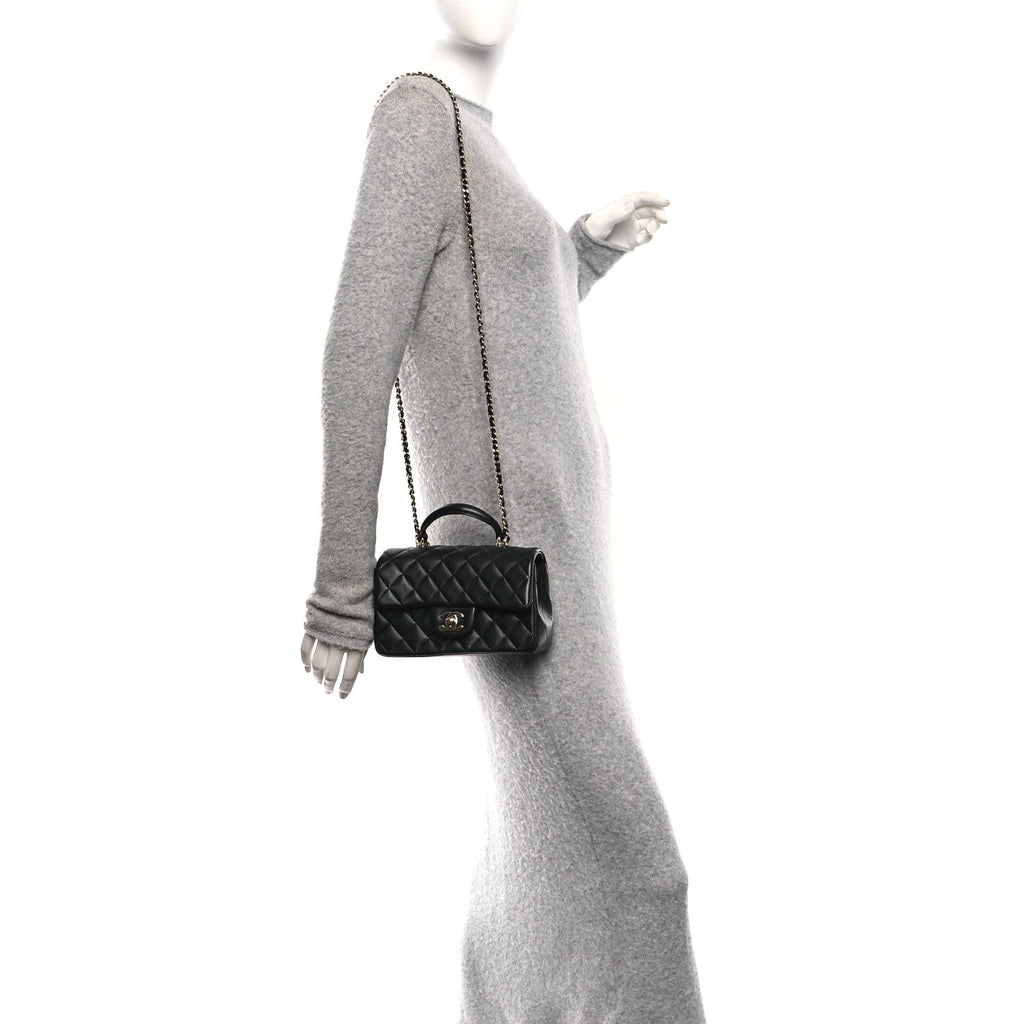 Lambskin Quilted Mini Top Handle Rectangular Flap Black