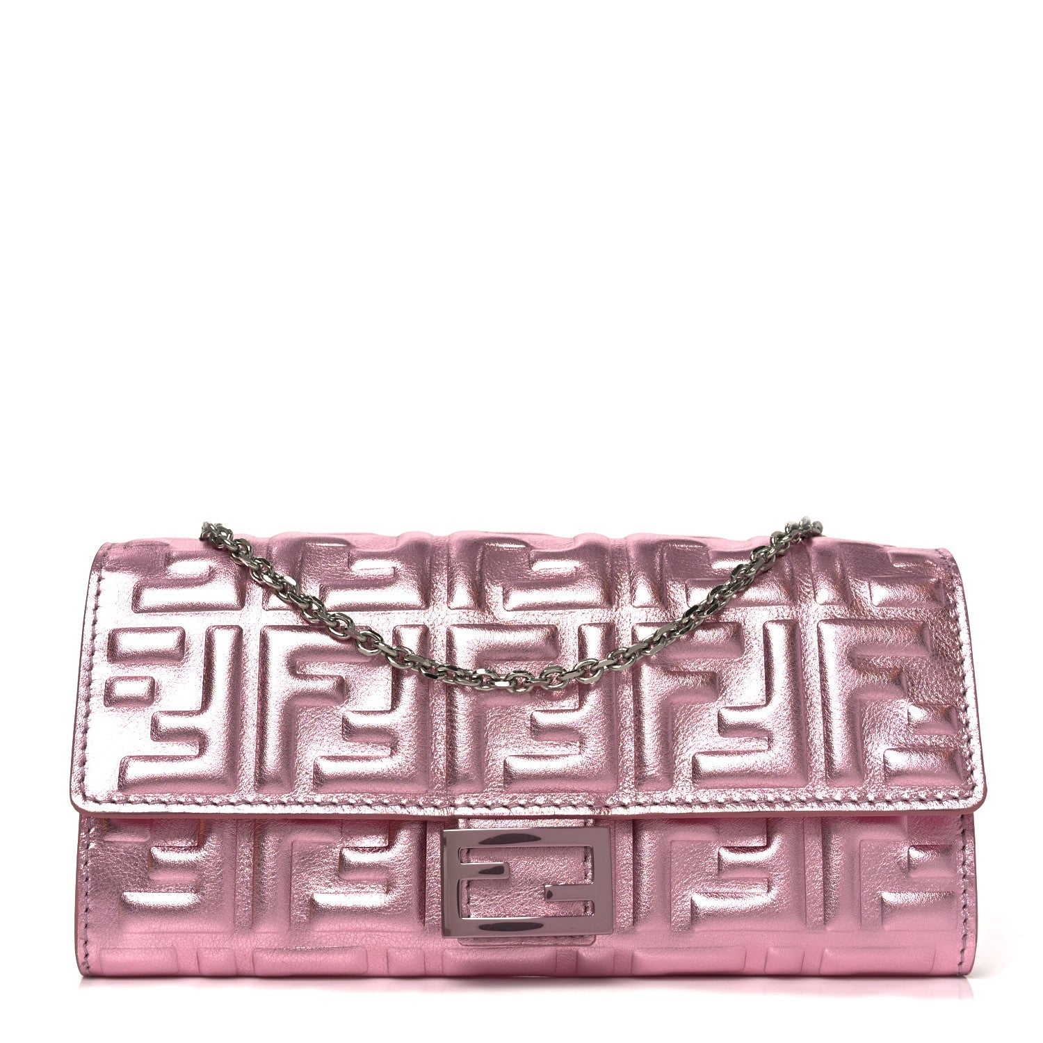 Vitello Catalan Mirror FF 1974 Embossed Continental Wallet on Chain Rosa