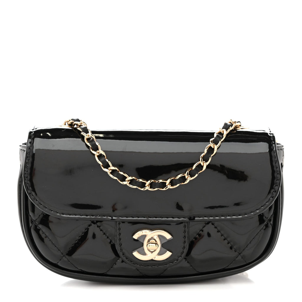 Patent Calfskin Quilted Mini Clutch Black