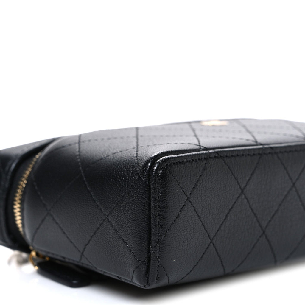 Goatskin Stitched Top Handle Slim Vanity With Chain Black