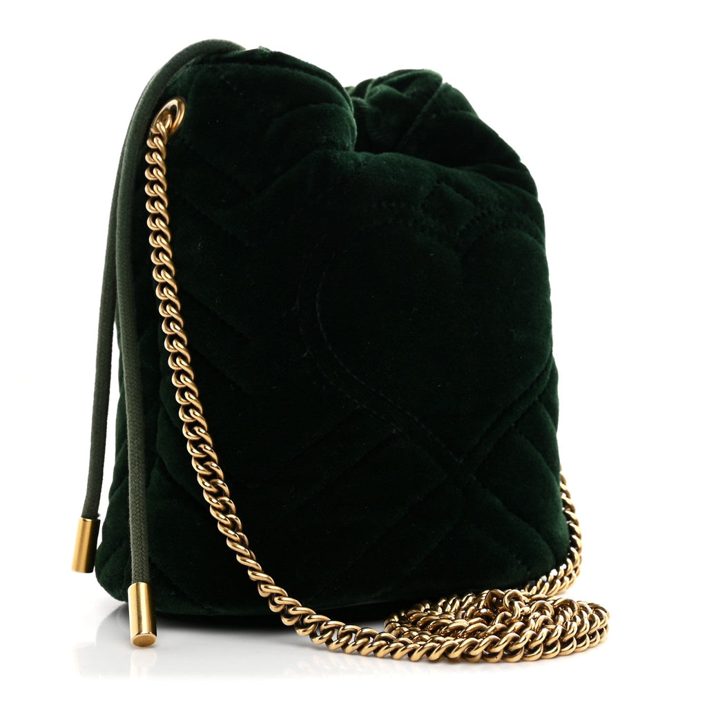 Velvet Matelasse Mini GG Marmont 2.0 Bucket Bag Dark Green