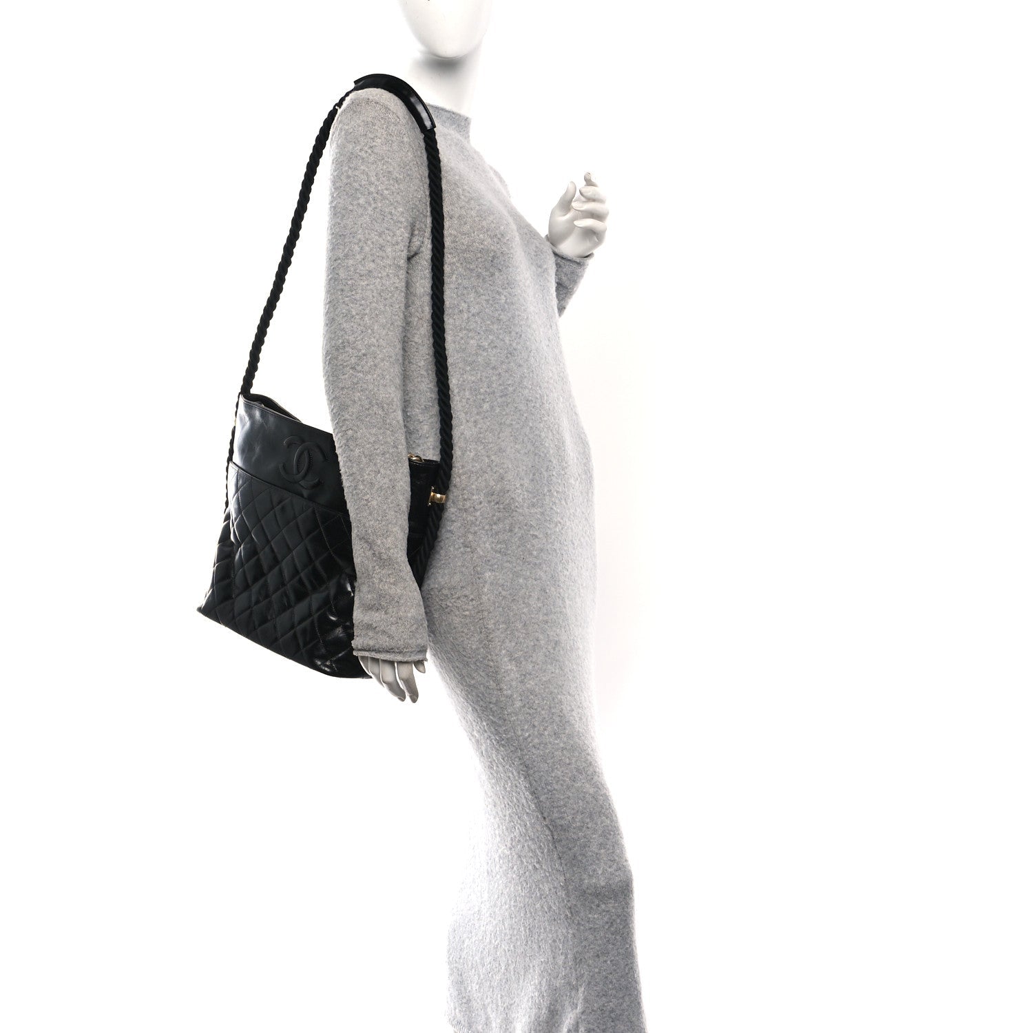 Crumpled Calfskin En Vogue Rope Hobo Bag Black