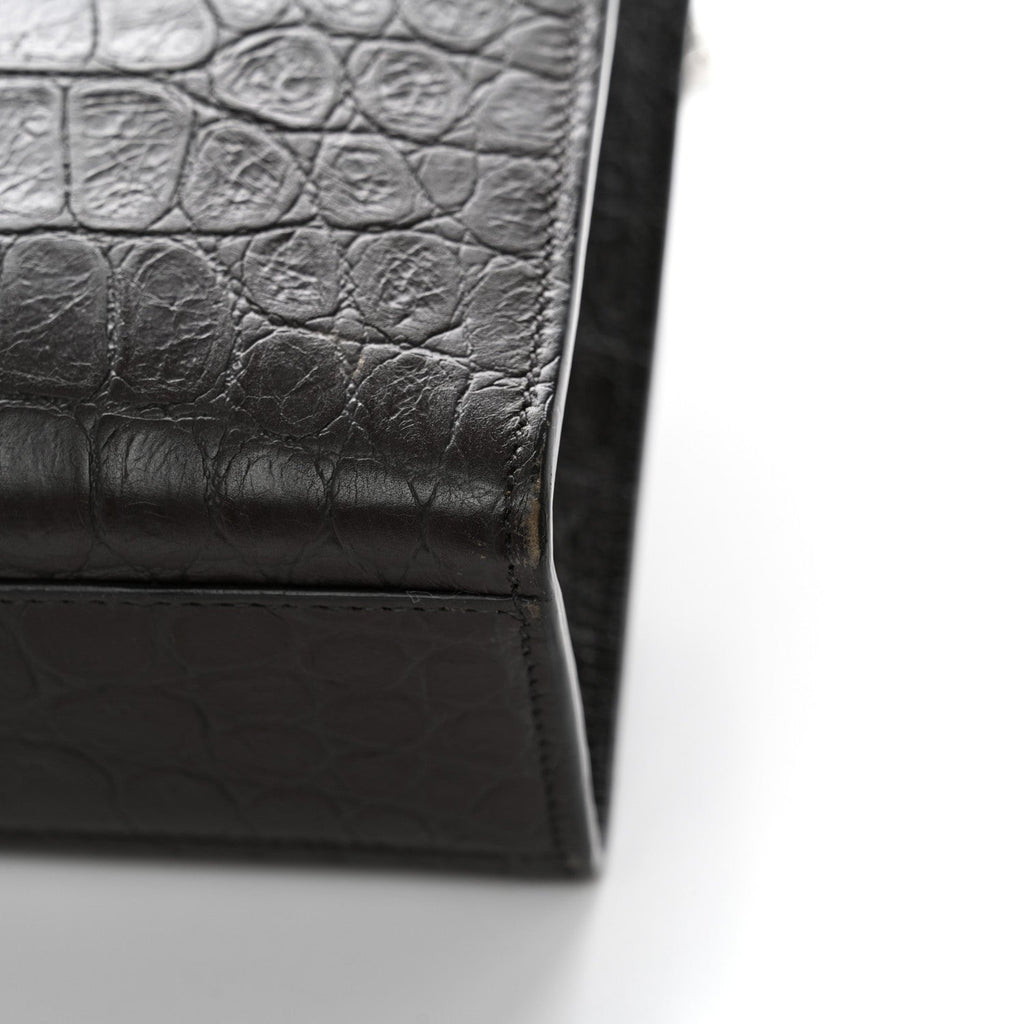 Calfskin Crocodile Embossed Large Monogram Satchel Dark Brown