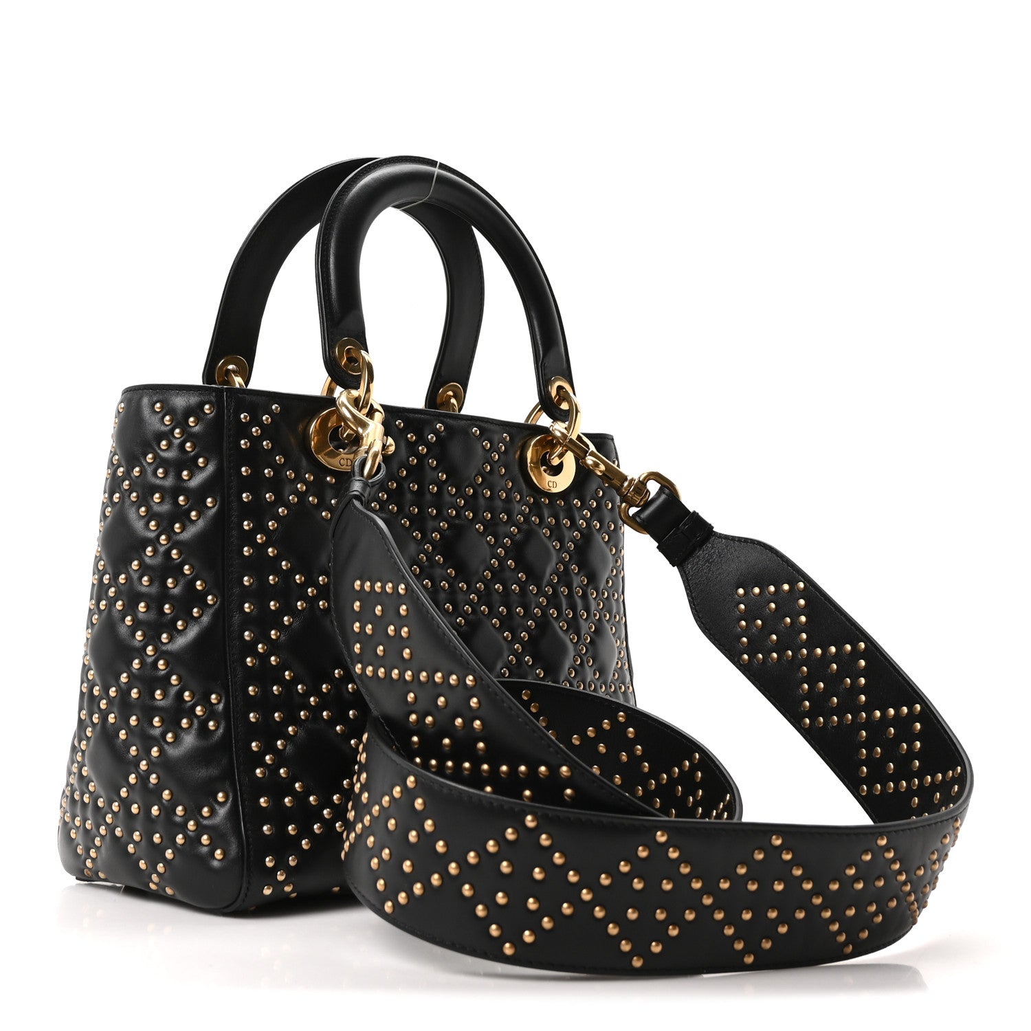 Calfskin Cannage Studded Medium Supple Lady Dior Black
