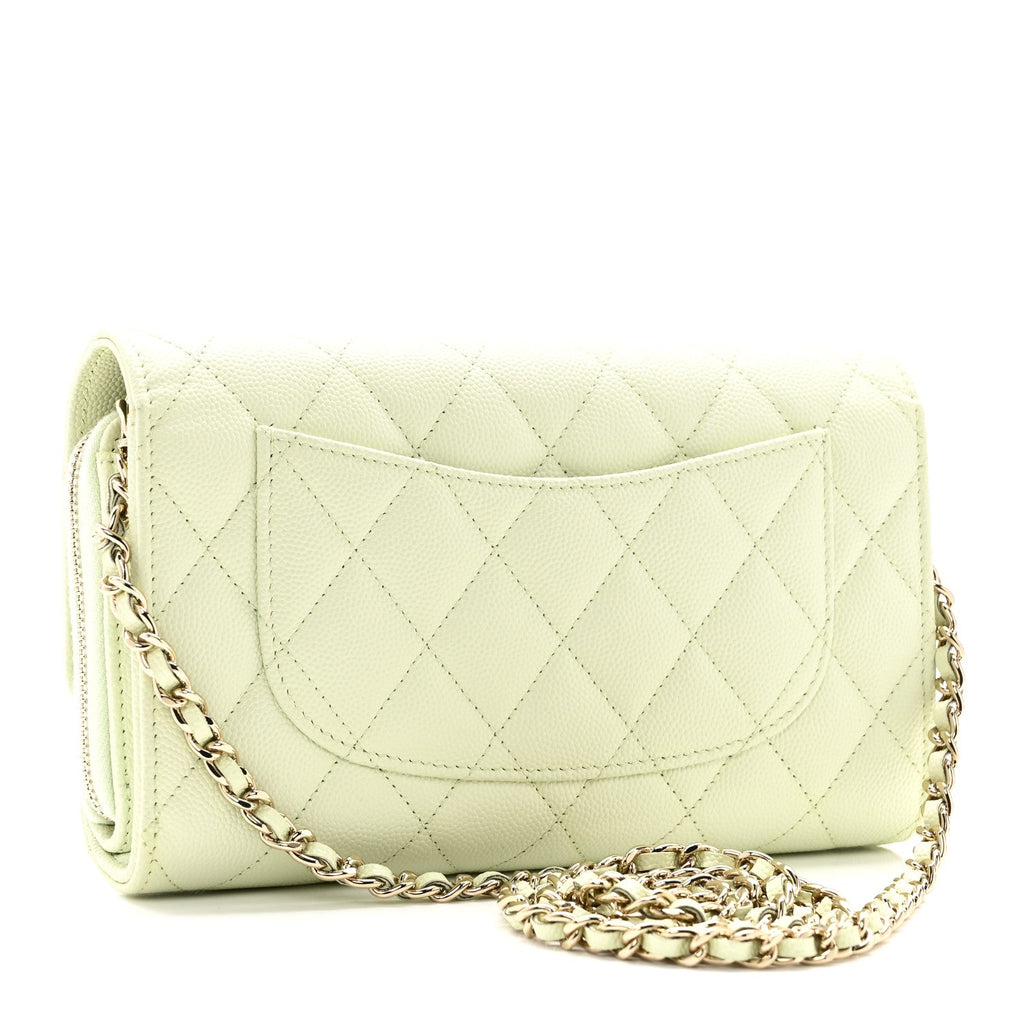 Caviar Quilted Phone Holder Wallet on Removable Chain Light Green