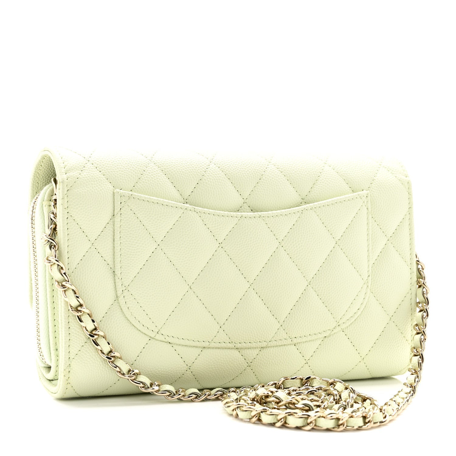 Caviar Quilted Phone Holder Wallet on Removable Chain Light Green