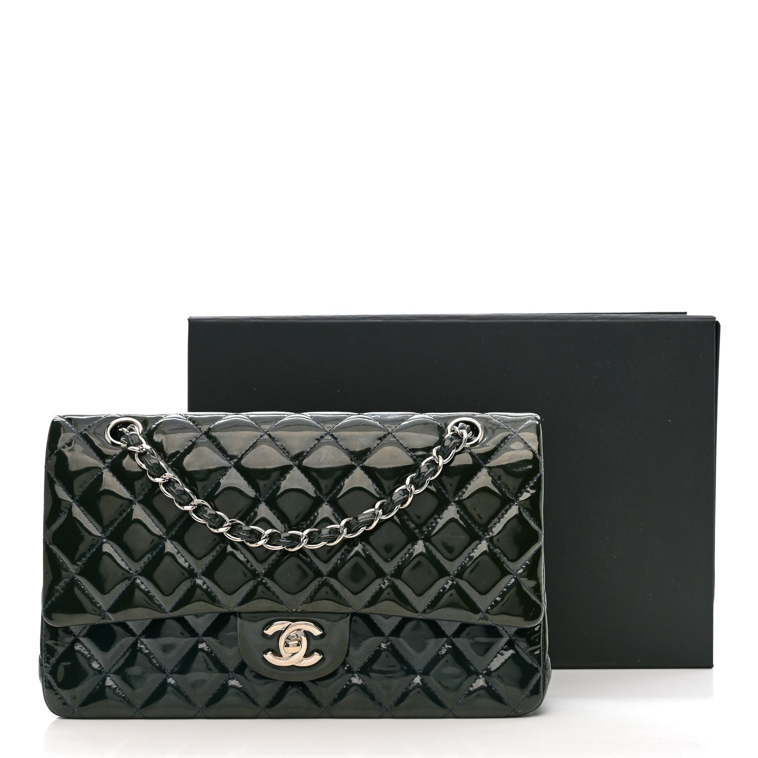 Patent Quilted Medium Double Flap Blue