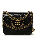 Patent Quilted Chain Around Heart Mini Chain Flap Black