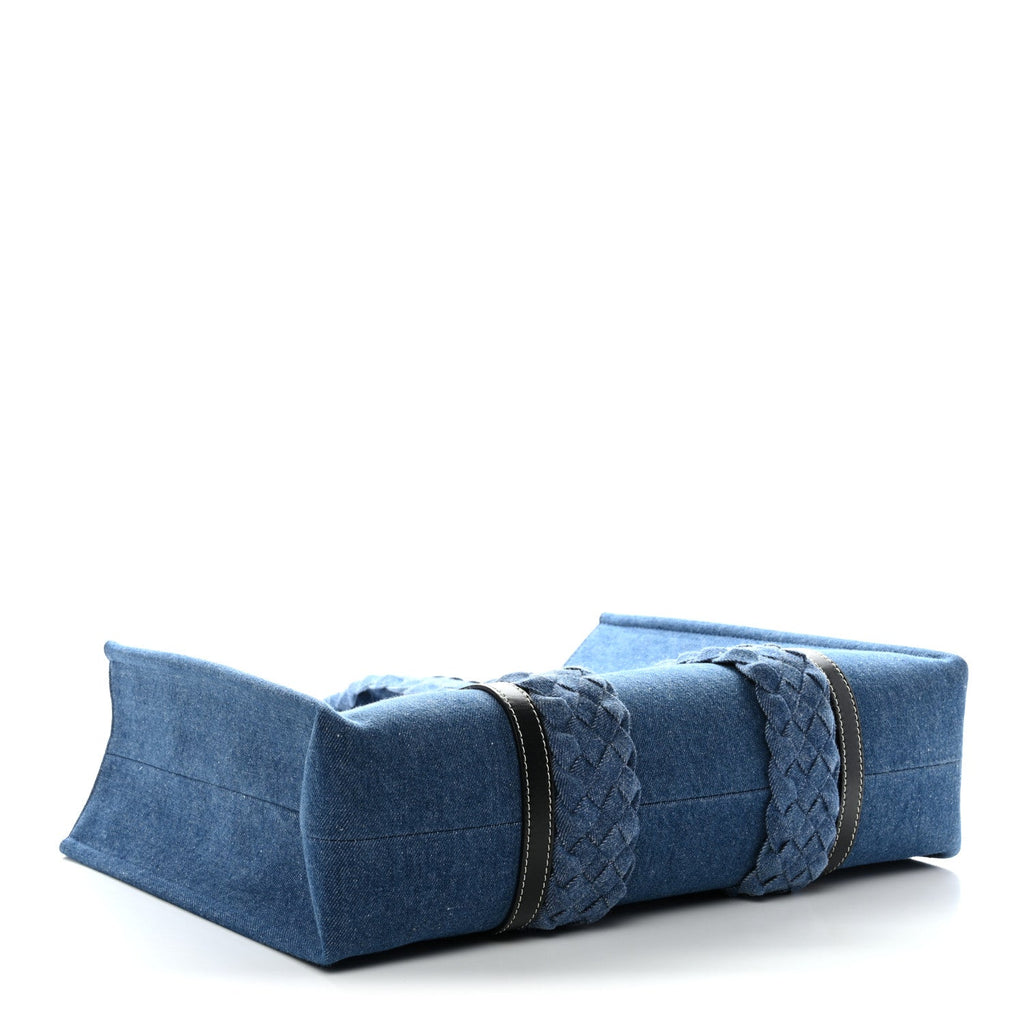 Denim Calfskin Large Braided Woody Ribbon Tote  Blue