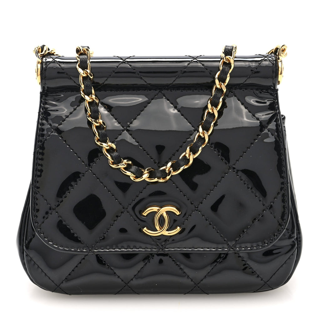 Patent Quilted Frame Clutch Flap With Chain Black