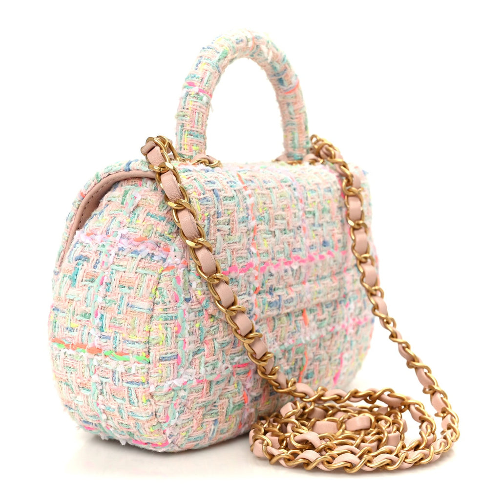 Tweed Quilted Baywatch Top Handle Flap Light Pink Green Orange Purple