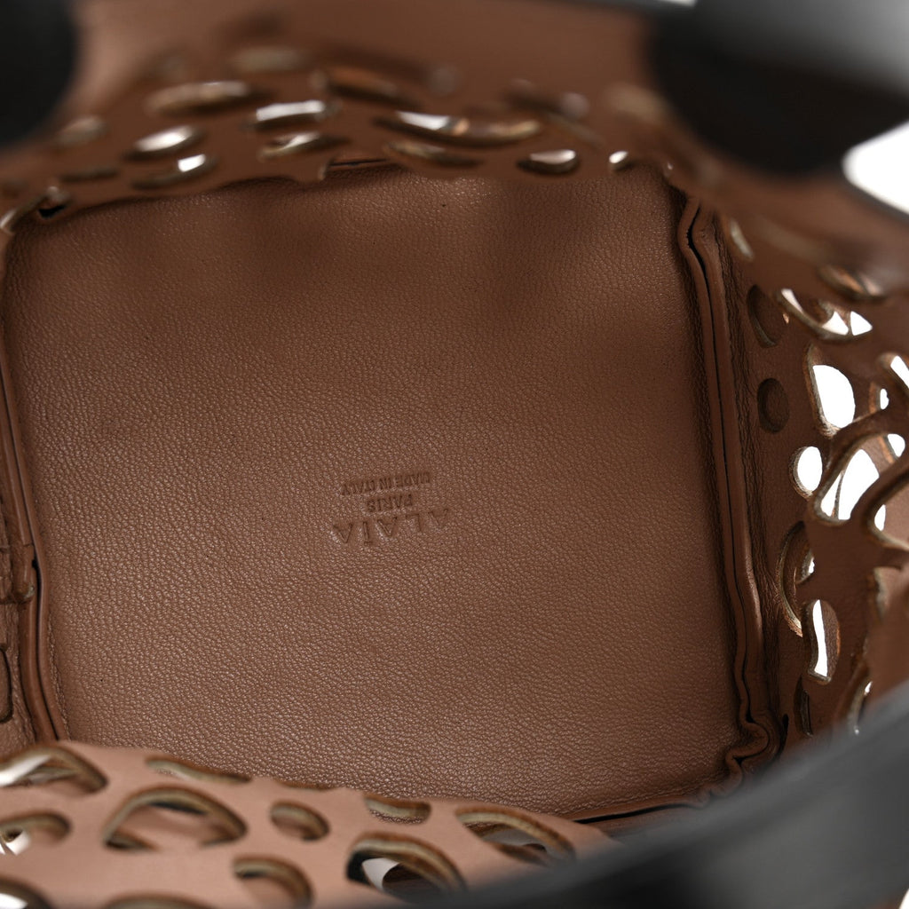 Calfskin Laser Cut Bucket Bag Black White