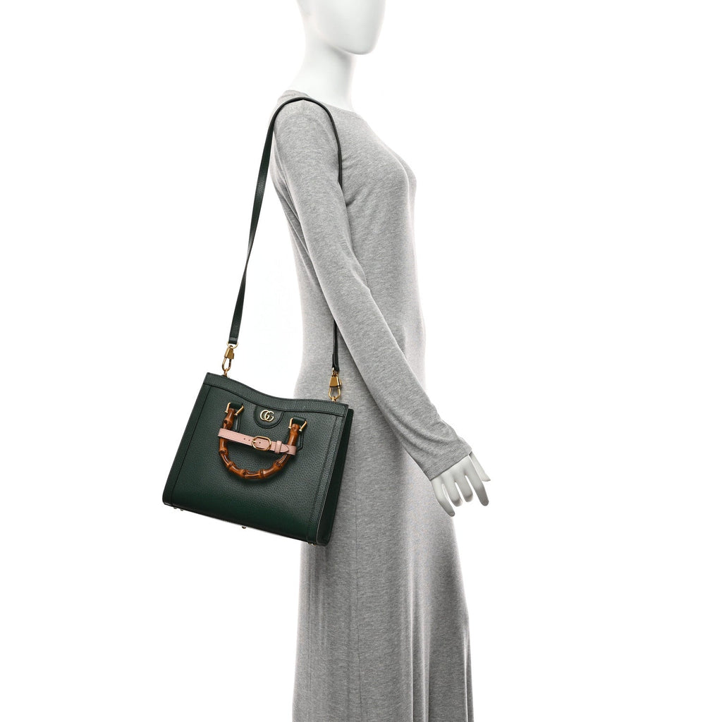 Textured Dollar Calfskin Web Small Diana Tote Bag Vintage Green Powder Pink