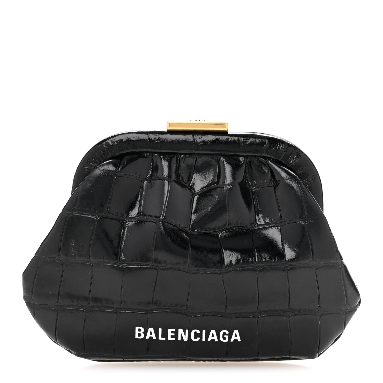 Shiny Supple Calfskin Logo Crocodile Embossed Cloud Coin Purse Black White
