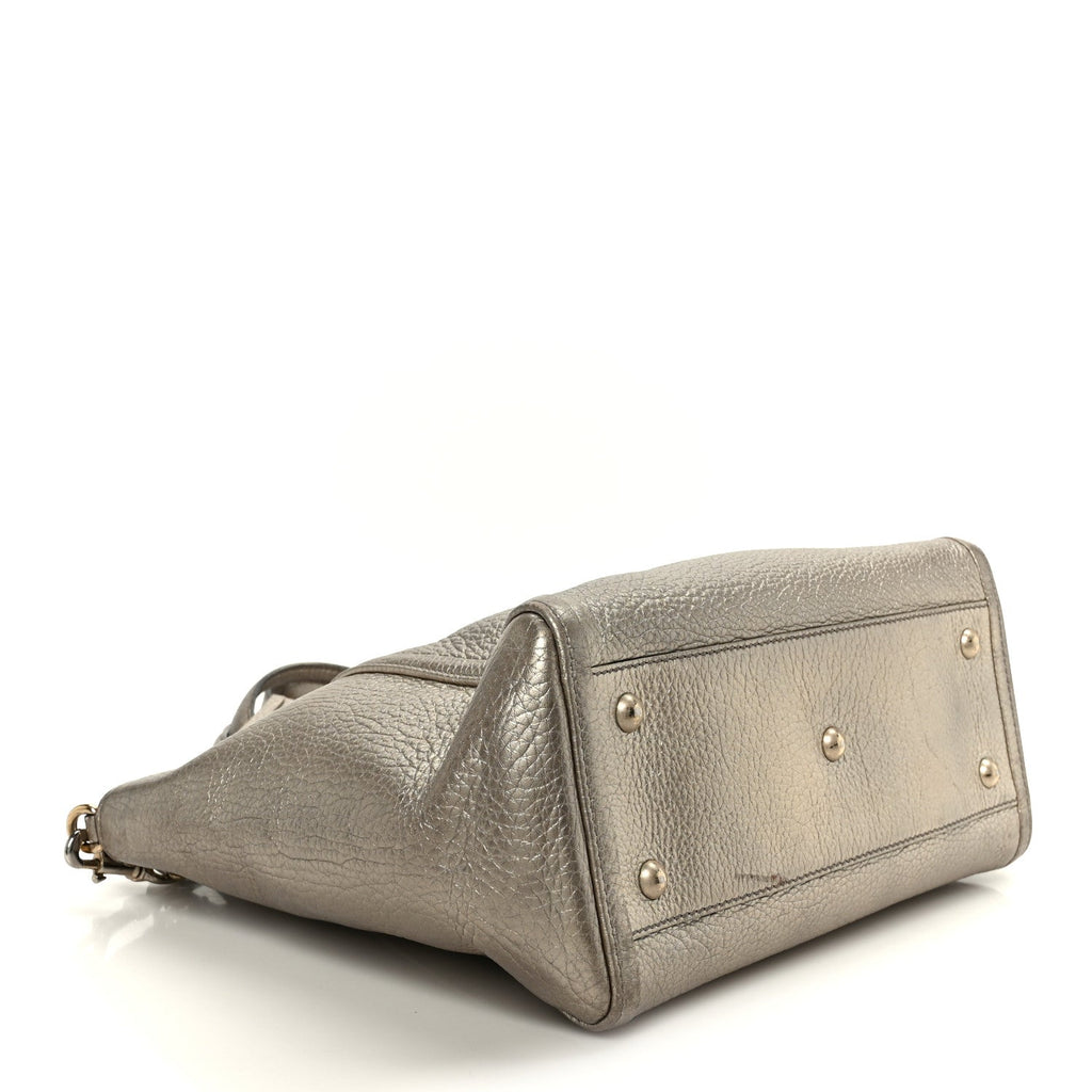 Metallic Pebbled Calfskin Small Soho Top Handle Bag Golden Beige