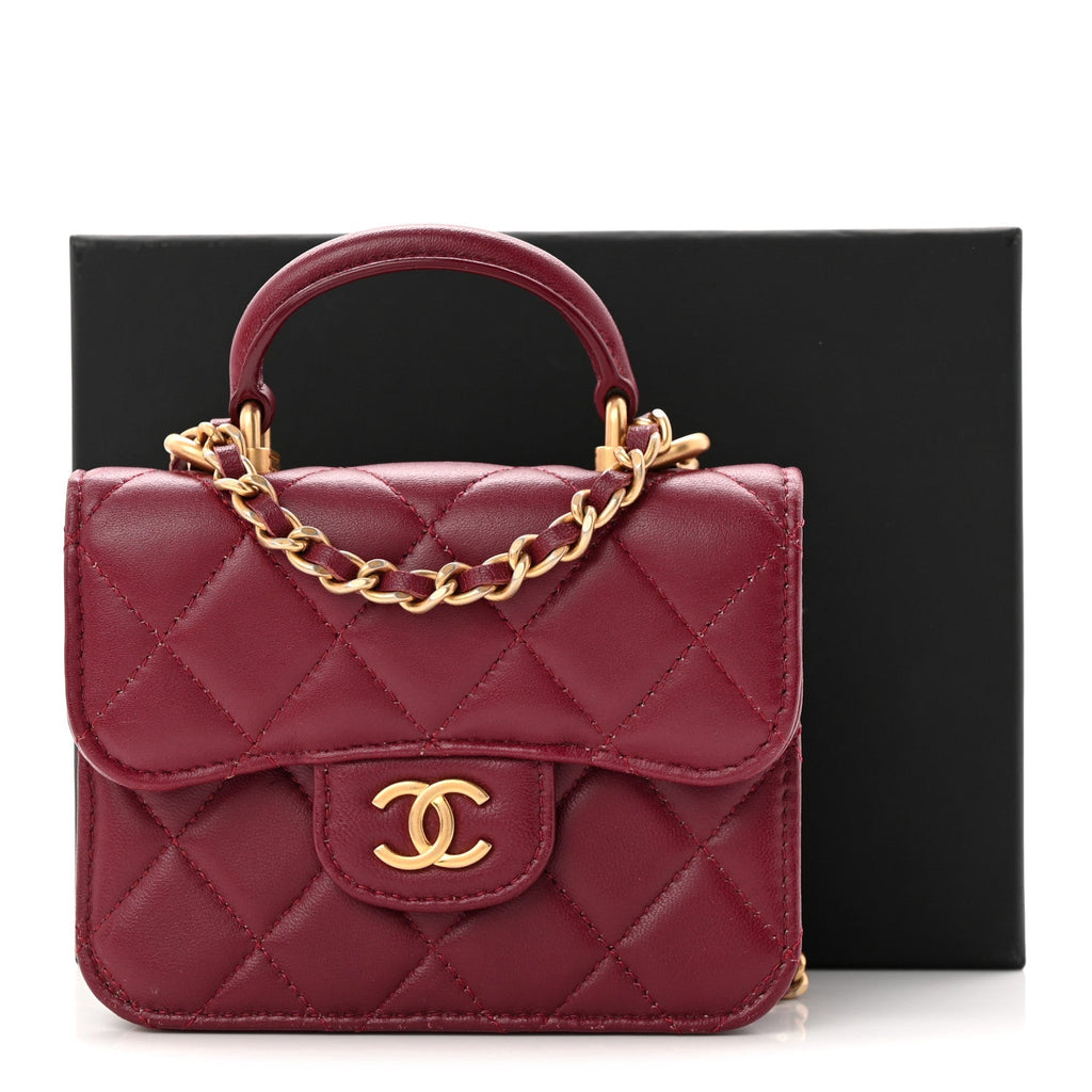 Lambskin Quilted Top Handle Flap Coin Purse With Chain Burgundy