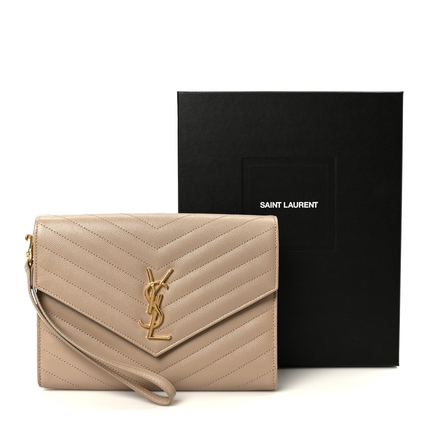 Grain De Poudre Matelasse Chevron Monogram Cassandre Flap Pouch Dark Beige