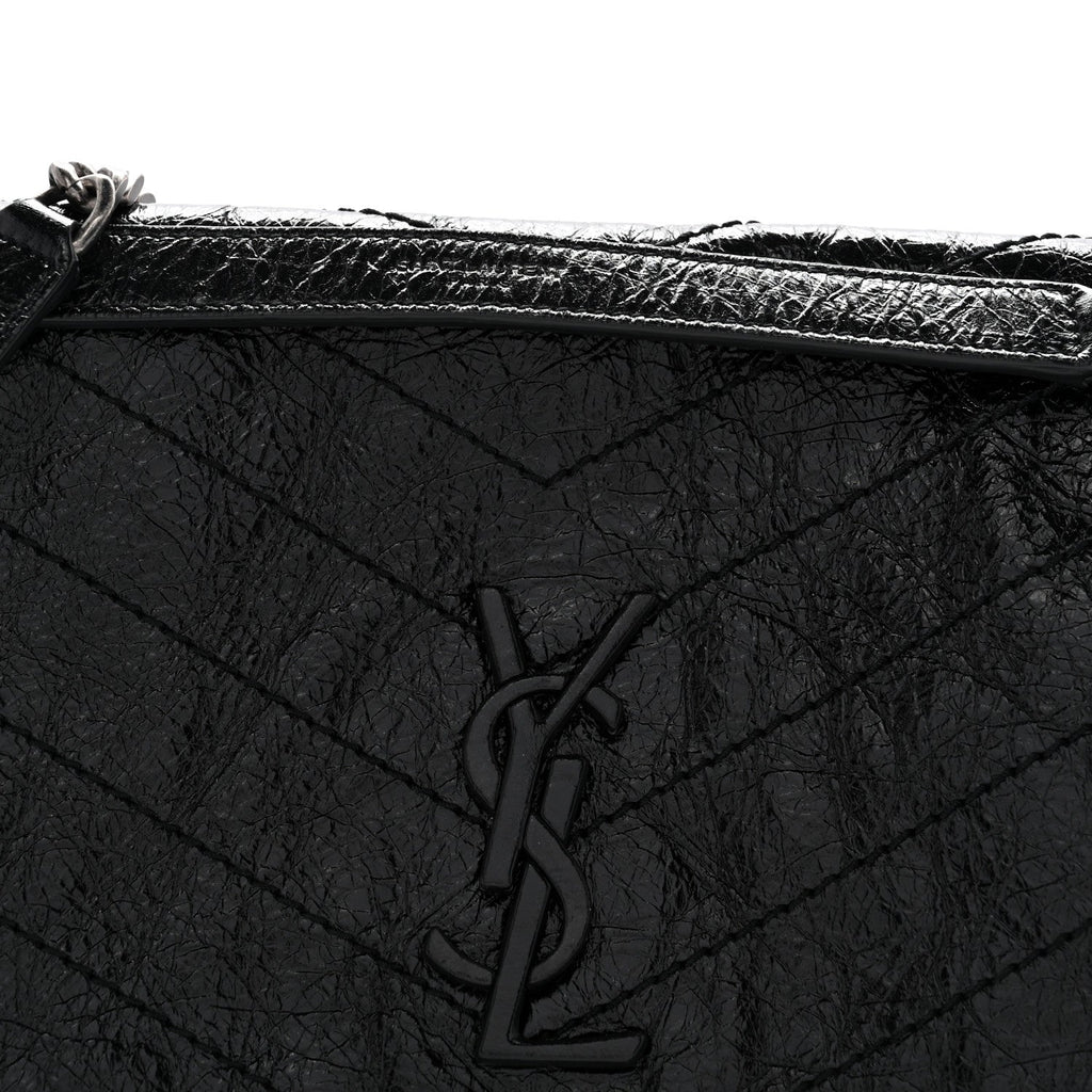 Crinkled Calfskin Matelasse Monogram Medium Niki Chain Satchel Black