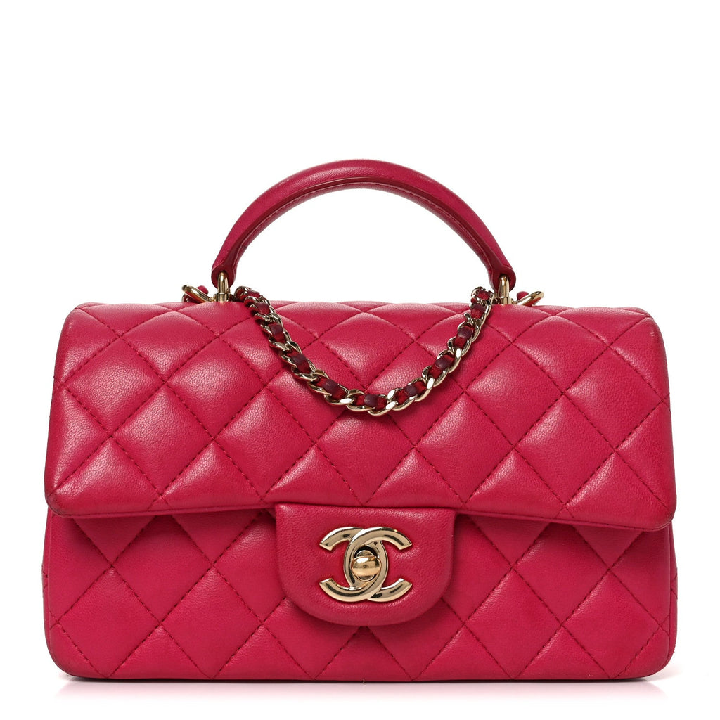 Lambskin Quilted Mini Top Handle Rectangular Flap Dark Pink